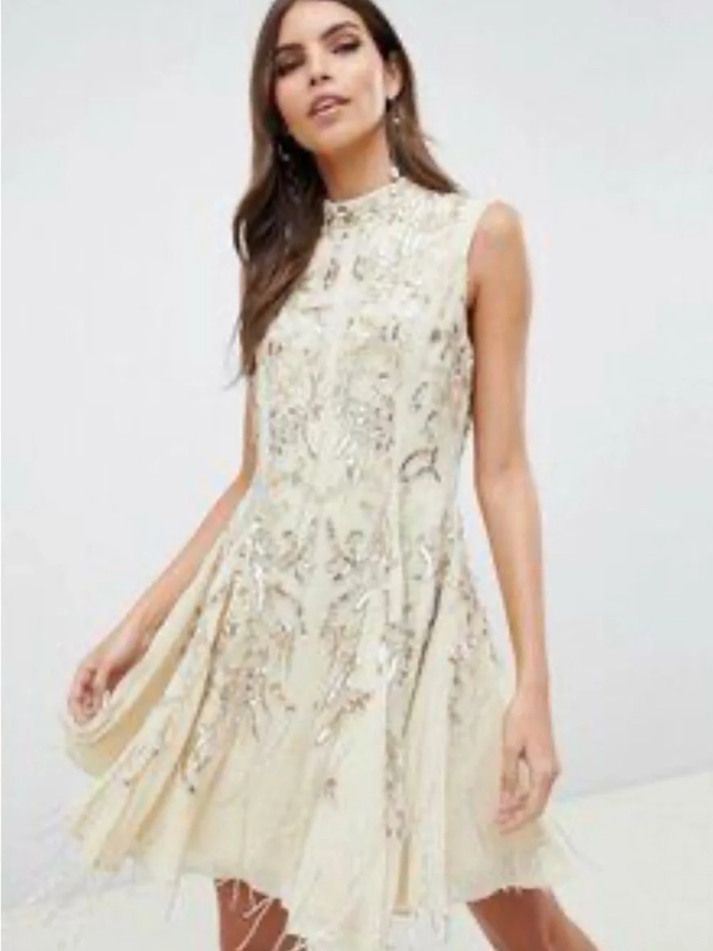 ASOS Cream Mini Dress with Gold Sequin Bead Embroidery Sz 4 - Picture 3 of 14